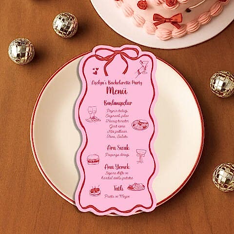Kırmızı Pembe Fiyonk Bekarlığa Veda Konsept Menü Kartı