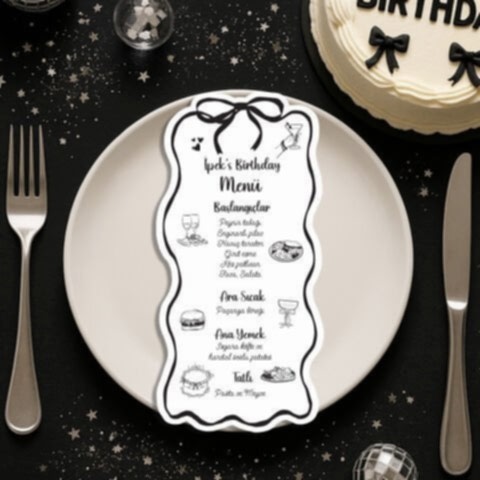 Siyah Zarif Fiyonk Doğum Günü Konsept Menü Kartı