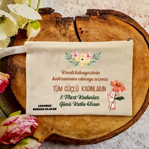 Makyaj Çantası 8 Mart Kadınlar Günü Logo Baskılı Turuncu Çiçekler