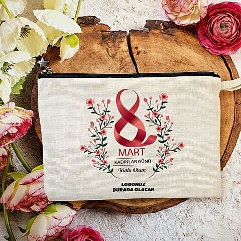 Astarlı Lüx Clutch Çanta Kırmızı Çiçekler 8 Mart Kadınlar Günü Logo Baskılı