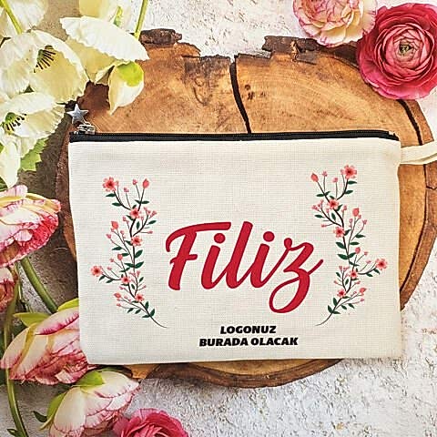 Tek Tek İsimli Astarlı Lüx Clutch Çanta Kırmızı Çiçekler 8 Mart Kadınlar Günü Logo Baskılı