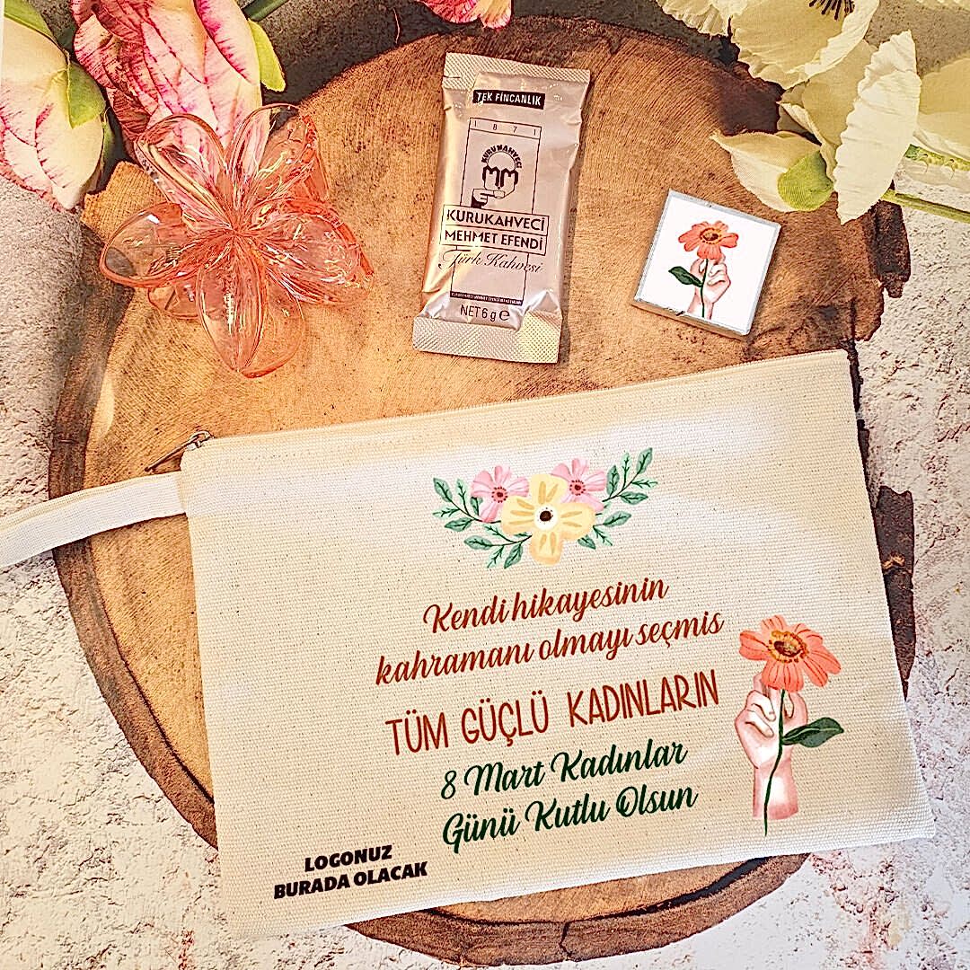 Tokalı Kahveli Kadınlar Günü Hediye Seti Turuncu Çiçekler 8 Mart Hediyelik  Toka Çanta