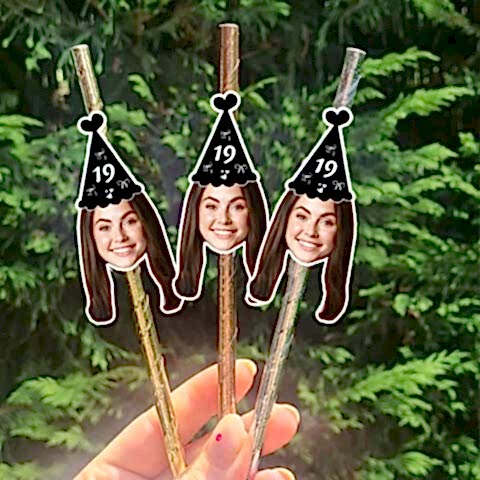 Siyah Fiyonk Şapkalı Fotoğraf Baskılı Pipet Takımı 5 li