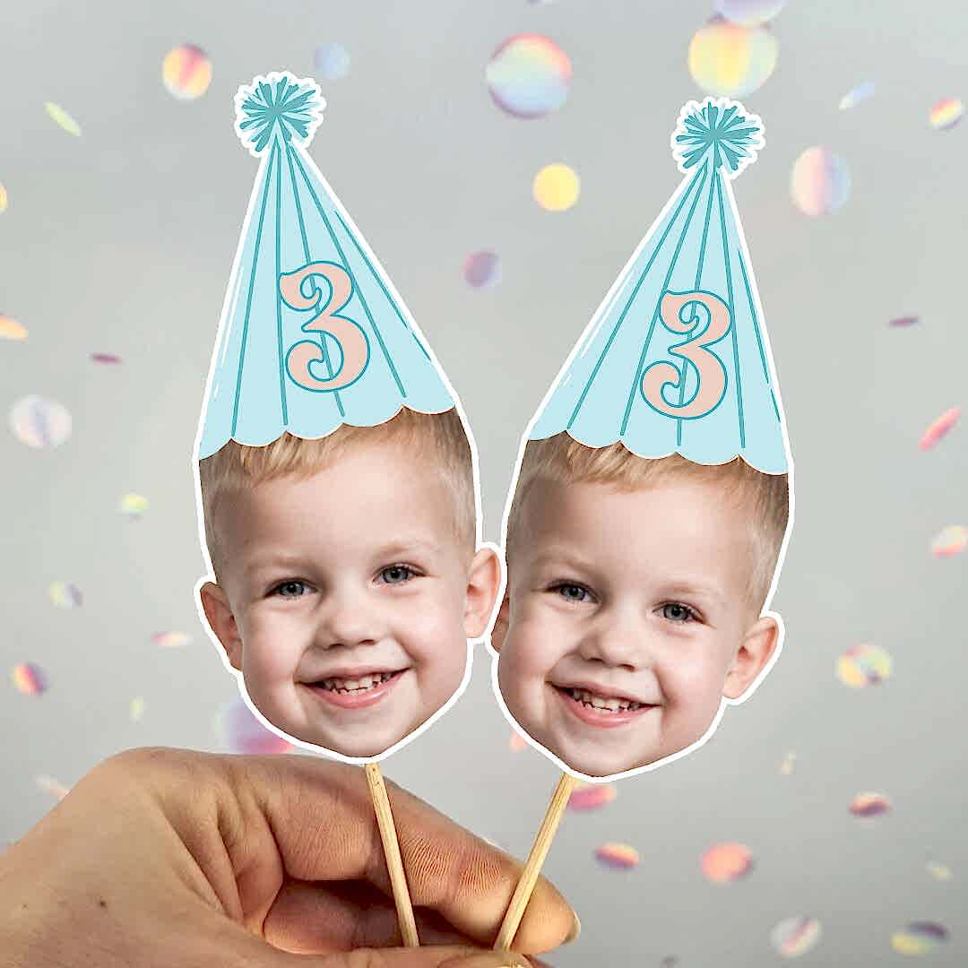 Mavi Şapkalı Yaş Yazılı Fotoğraflı Kürdan Süsü (10lu paket)