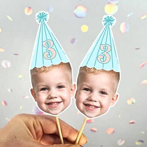 Mavi Şapkalı Yaş Yazılı Fotoğraflı Kürdan Süsü (10lu paket)