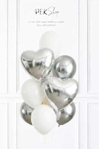 Gümüş Beyaz Balon Demeti Gümüş Kalp Folyo Balonlu Balon Seti Set252