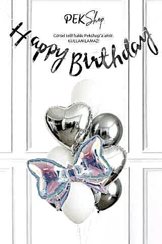 Hologram Fiyonk Gümüş Kalp Folyo Balonlu Gümüş Beyaz Doğum Günü Balon Seti Set253
