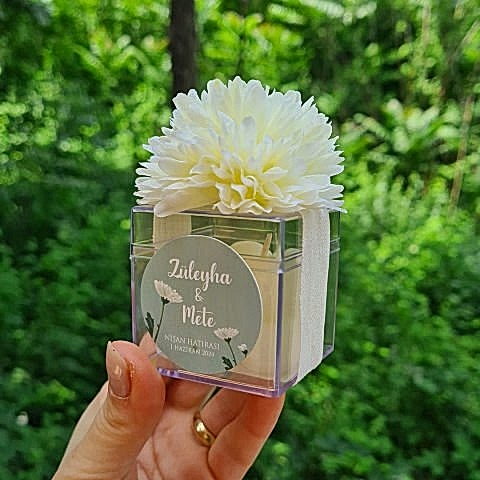 Retro Green Konsept Mika Kutuda Çiçek Süslemeli Bubble Mum Hediyelik