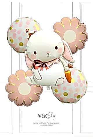 Havuçlu Tavşan Çiçek ve Konfeti Yuvarlak Folyo Balon Balon Seti