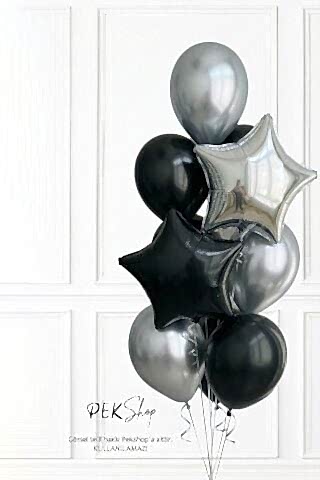 Gümüş Siyah Yıldız Balonlu Balon Demeti Set260