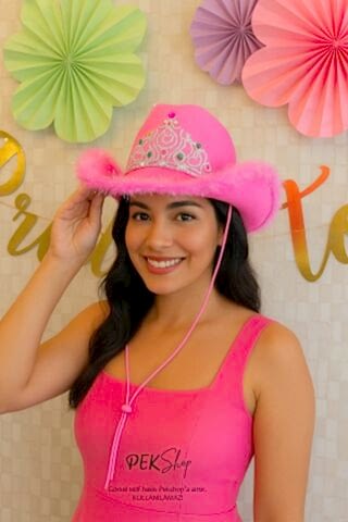 Taçlı Tüylü Pembe Kovboy Şapkası Bride To Be Parti Gelin Şapkası