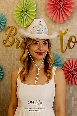 Taçlı Tüylü Beyaz Kovboy Şapkası Bride Parti Gelin Şapkası Cow Girl