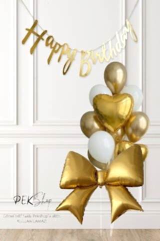Gold Happy Birthday Banner ve Gold Fiyonk Balon Beyaz Gold Fiyonk Tema Doğum Günü Süsleme Seti Set240