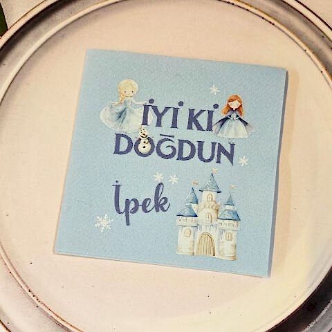 Elsa Konsept Dokulu Mavi İsme Özel Kare Peçete