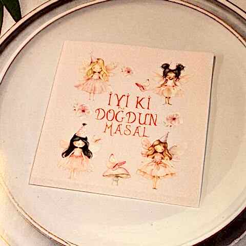 Peri Konsept Dokulu Pembe İsme Özel Kare Peçete