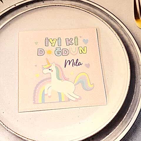 Unicorn Konsept Dokulu Pembe İsme Özel Kare Peçete