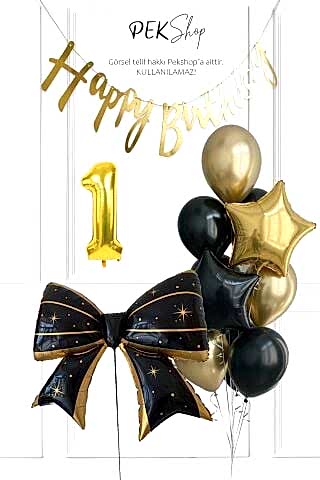 Siyah Gold Tema Fiyonk Yıldız Balonlu Bannerlı Doğum Günü Balon Seti