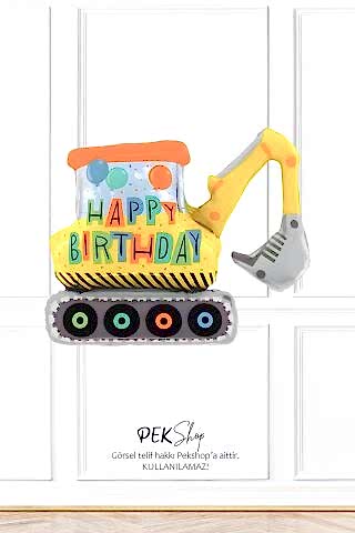 Happy Birthday Yazılı Büyük Kepçe Excavator Folyo Balon İnşaat Tema Ekskavatör Balon 100cm
