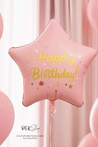 Happy Birthday Yazılı PEMBE Yıldız Balon Retro Yıldız Folyo Balon 45cm