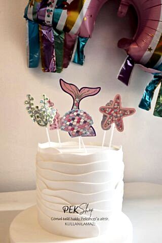 Deniz Kızı Konsept Parlak Pasta Süsleri 6lı Set Simli Deniz Kızı Kürdan Süsler