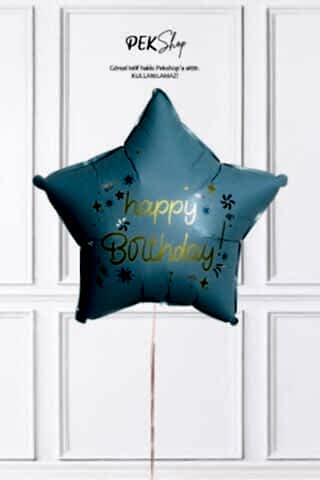 Happy Birthday Yazılı MAVİ Yıldız Balon Retro Yıldız Folyo Balon 45cm