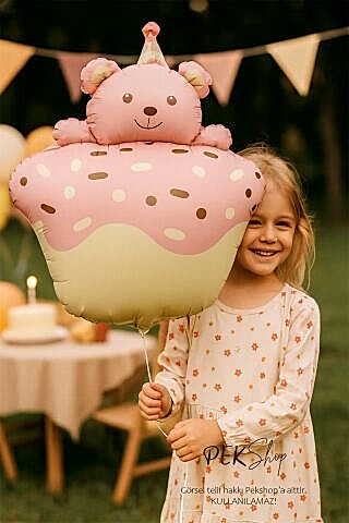 Pasta Üstünde Ayıcık Retro PEMBE Folyo Balon