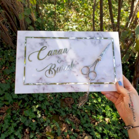 Silver Dikdörtgen Mermer Konsept Nişan Tepsisi