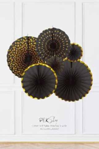 Siyah Gold Yaldızlı Yelpaze Süs Seti 6lı Fan Duvar Süsü Siyah Gold Varaklı 6lı Arkalı Önlü