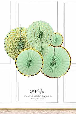 Yeşil Gold Yaldızlı Yelpaze Süs Seti 6lı Fan Duvar Süsü Yeşil Gold Varaklı 6lı Arkalı Önlü