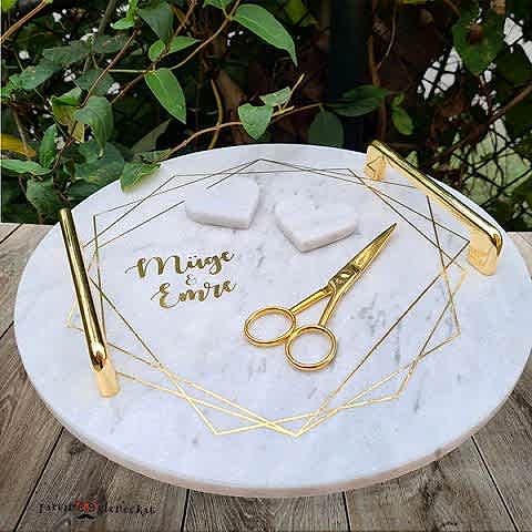 Gold Varak Baskılı Mermer Nişan Tepsisi