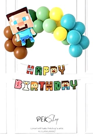 Minecraft Tema Doğum Günü Balon Zinciri Steve Balonlu Bannerlı