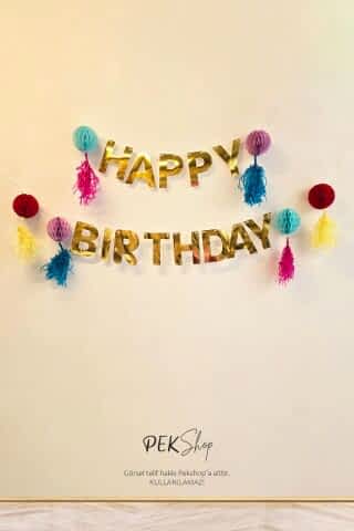 Petekli Püsküllü Gold Happy Birthday Banner Süs Seti Doğum Günü Duvar Süsü