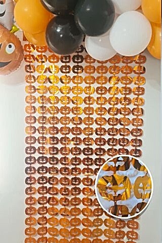 Halloween Metalik Bal Kabağı Fon Perde Kapı Perdesi Cadılar Bayramı Arka Fon Süs Parlak