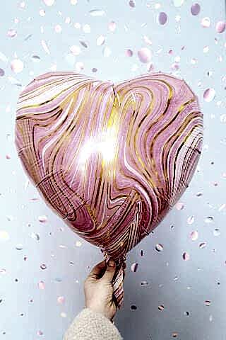 Pembe Mermer Kalp Folyo Balon Retro Balon Kalp Şekilli 18inç 45cm
