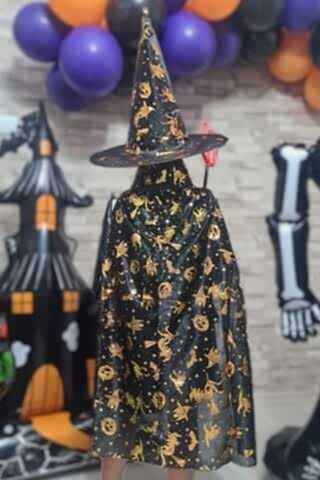 Cadılar Bayramı Pelerin Şapka Takımı Lüks Siyah Üzeri GOLD Baskılı Halloween Pelerin Çocuk Kostüm