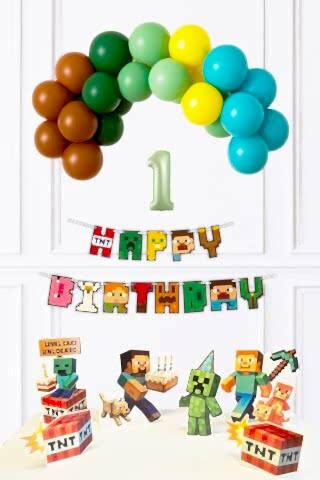 Yaş Balonlu Minecraft Tema Doğum Günü Balon ve Masa Maket Seti