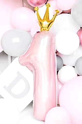 Taçlı 1 Rakam Folyo Balon 1 Yaş Balonu Gold Taçlı PEMBE 90cm