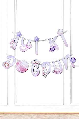 Pembe Uzay İyi Ki Doğdun Banner Kız Uzay Tema Doğum Günü Süsleri İpe Dizili Kartlar Duvar Süsü