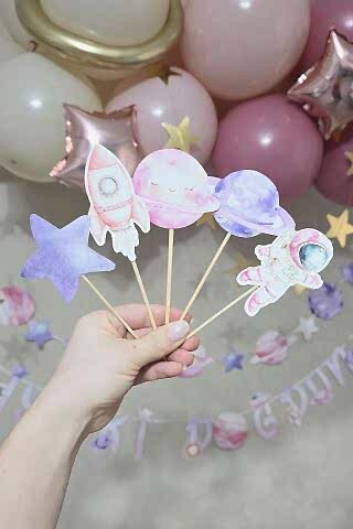 PEMBE Uzay Tema Kürdan Süsleri Cupcake Süsleri Lüks Büyük Boy 10lu Paket