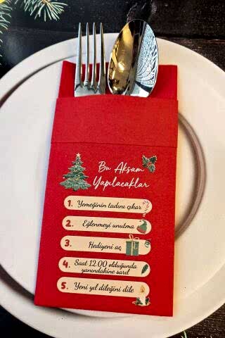 Kumaş Dokulu Kırmızı Yılbaşında Yapılacaklar Tasarım Baskılı Cepli Yılbaşı Peçetesi 6lı Paket