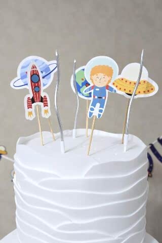 Uzay Konsept Pasta Süsleri Seti Pasta Mumu ve Pasta Kürdanları Süsleme Seti 8 Parça