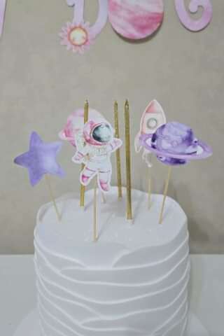 PEMBE Uzay Konsept Pasta Süsleri Seti Pasta Mumu ve Pasta Kürdanları Süsleme Seti 8 Parça