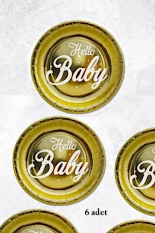 Hello Baby Yazılı Altın Varaklı Metalize Tabak Baby Shower Doğum Odası Tabağı 6lı Paket