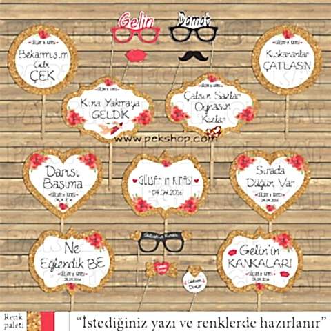 Altın Glitter - Kırmızı Konsept Kına Gecesi Konsept Kişiye Özel Konuşma Balonları Seti