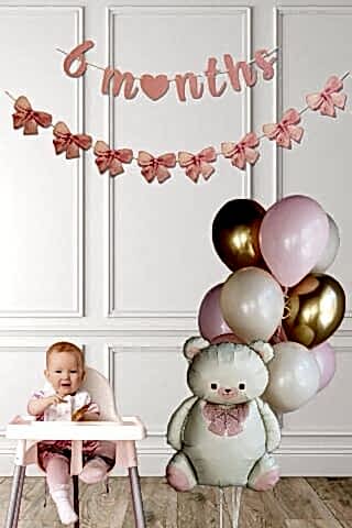 Pembe 6 Aylık Partisi Balon Seti Krem Retro Ayı Fiyonk Bannerlı Yarım Yaş Balon Seti