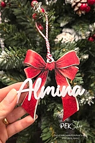 İsme Özel Fiyonk Figür Üzeri Beyaz İsimli Yılbaşı Ağaç Süsü