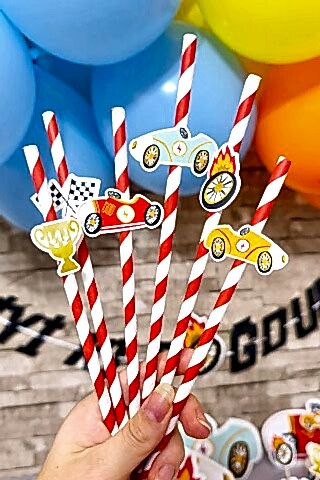 Retro Yarış Arabaları Tema Pipet Süsleri 10lu Lüks Pipet Paketi