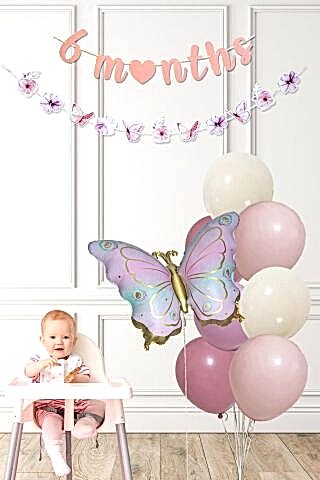 Kelebek Tema 6 Aylık Yarım Yaş Partisi Balon Zinciri Seti 6 Months Bannerlı
