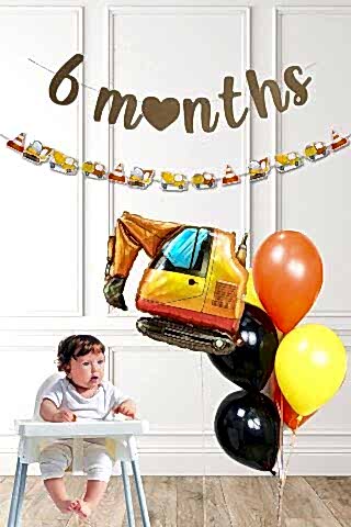 İnşaat Tema 6 Aylık Yarım Yaş Partisi Balon Zinciri Seti 6 Months Bannerlı
