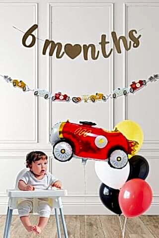 Yarış Arabaları 6 Aylık Yarım Yaş Partisi Balon Zinciri Seti 6 Months Bannerlı